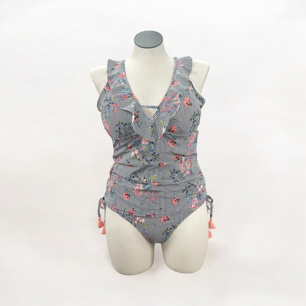 Gibson Latimer Navy Striped Floral One-Piece Bikini with Pink Tassels